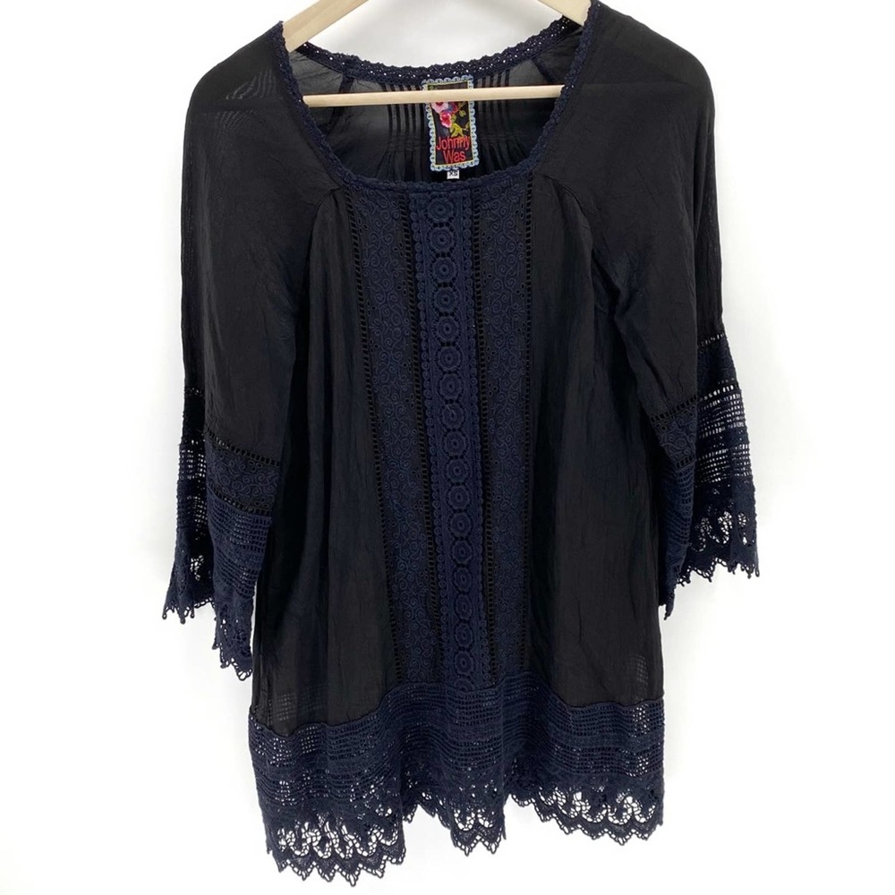 Johnny Was black lace embroidered blouse